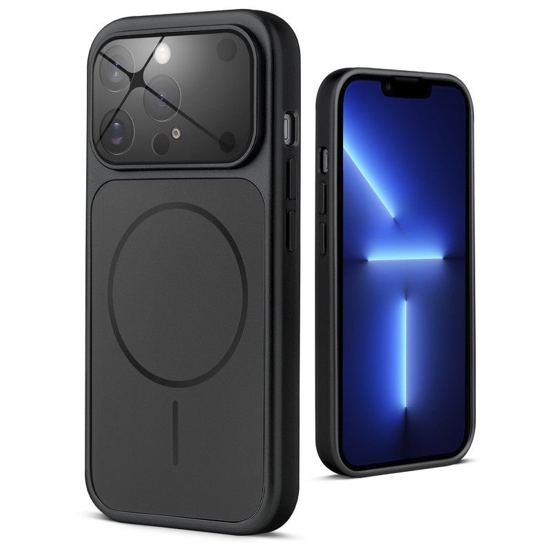 Back view of black MagSafe back cover for iPhone 13 Pro Max highlighting magnetic ring design and camera protection.