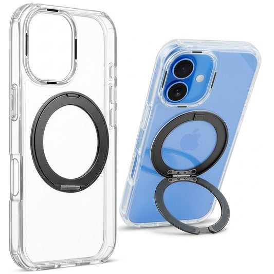 Shockproof Hybrid Silicone Back Magnetic Clear Case for Apple iPhone 17 with 360° Rotatable Ring Stand