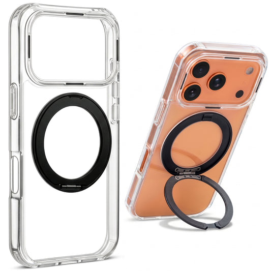 Shockproof Hybrid Silicone Back Magnetic Clear Case for Apple iPhone 17 Pro with 360° Rotatable Ring Stand