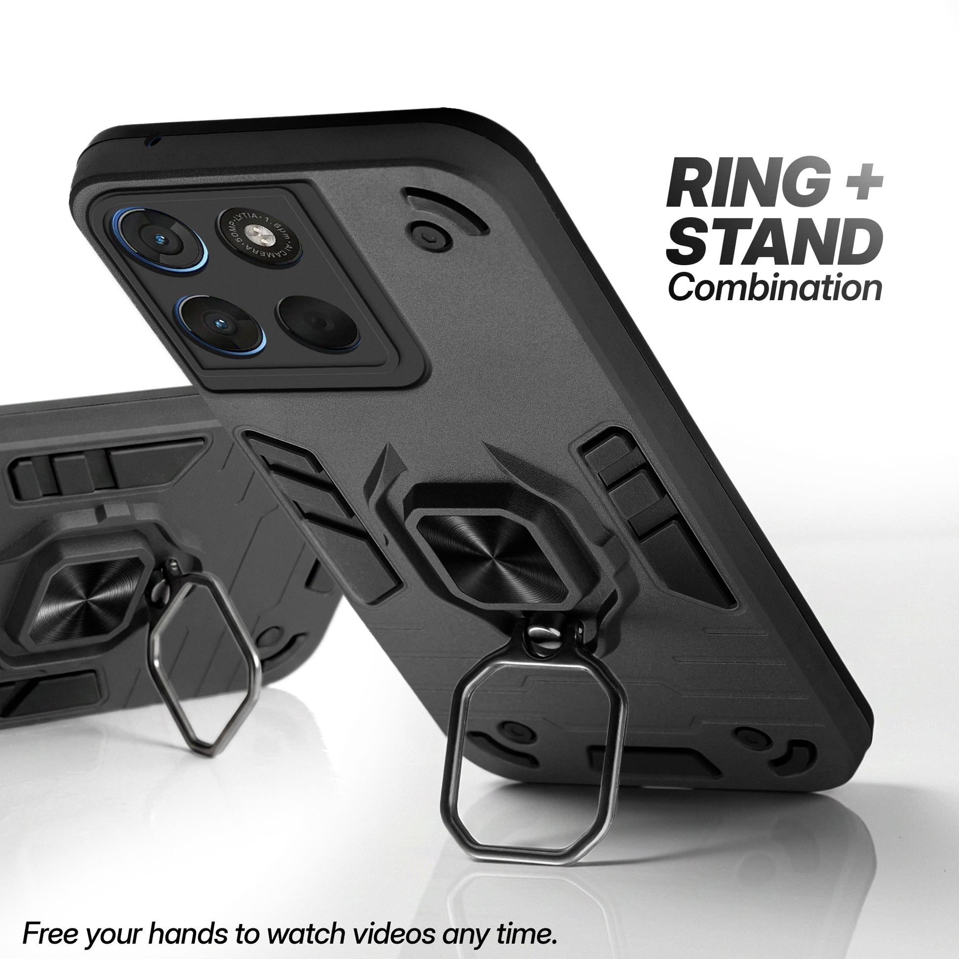 Motorola G57 Power 5G case with foldable ring stand for hands-free viewing in kickstand position