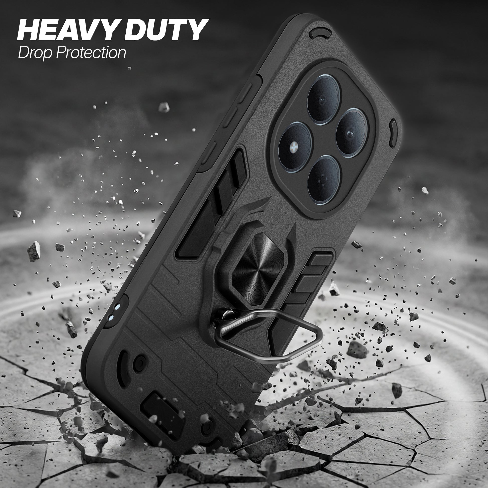 Redmi Note 15 Pro 5G protective case illustrating impact drop protection with an impact-resistant frame.