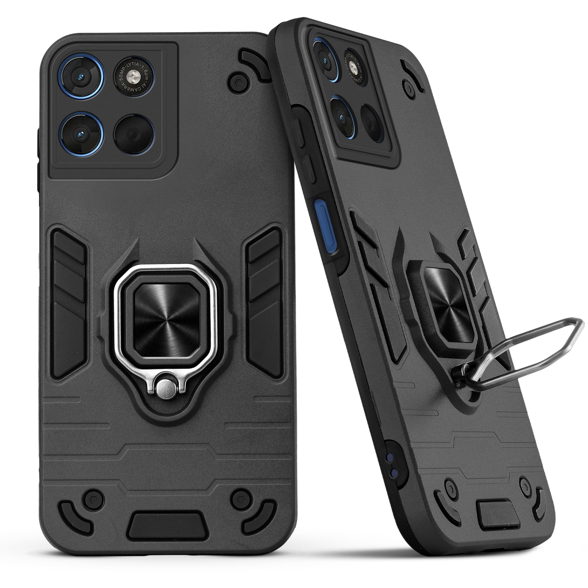 Back view of Motorola G57 Power 5G case highlighting the built-in rotating metal ring holder