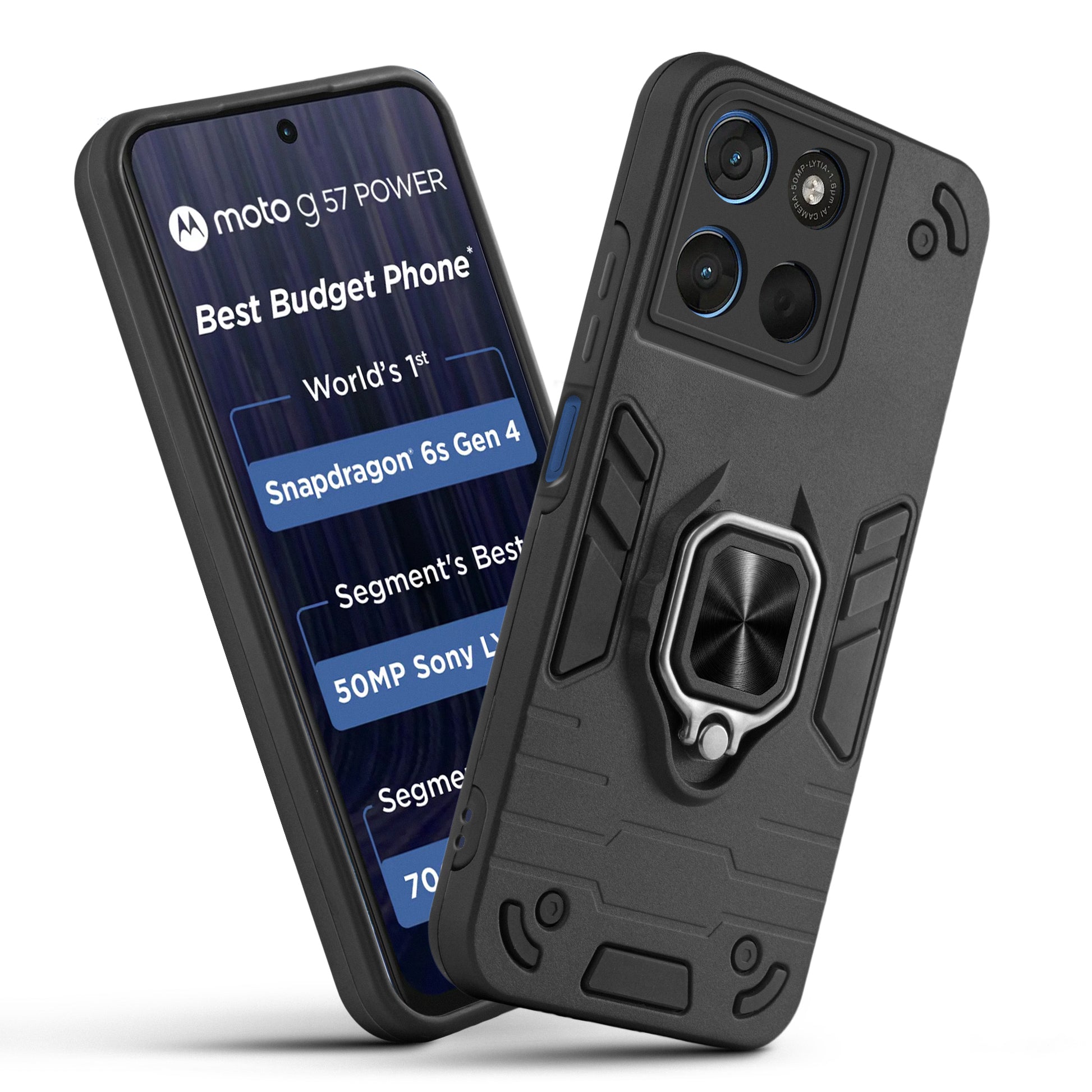 Front and back view of Motorola G57 Power 5G fitted with a protective case and ring grip