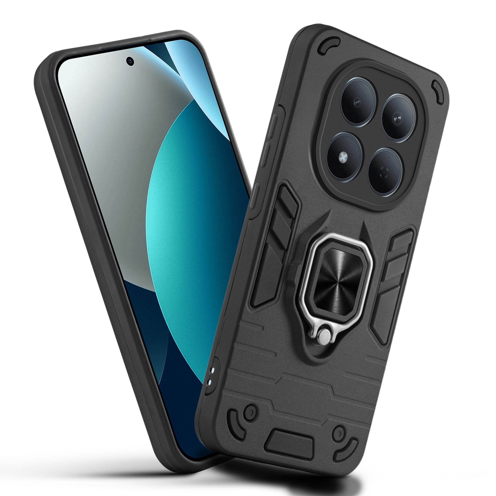 Front and back view of Redmi Note 15 Pro 5G fitted with a protective case and ring grip