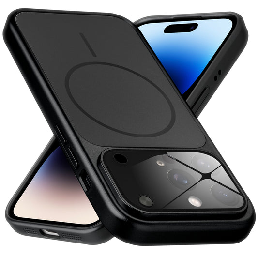 Premium black converter back cover for iPhone 14 Pro showing the back with magnetic ring, full camera protection, and an iPhone 17–style design.
