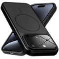 Premium black converter back cover for iPhone 15 Pro Max showing the back with magnetic ring, full camera protection, and an iPhone 17–style design.