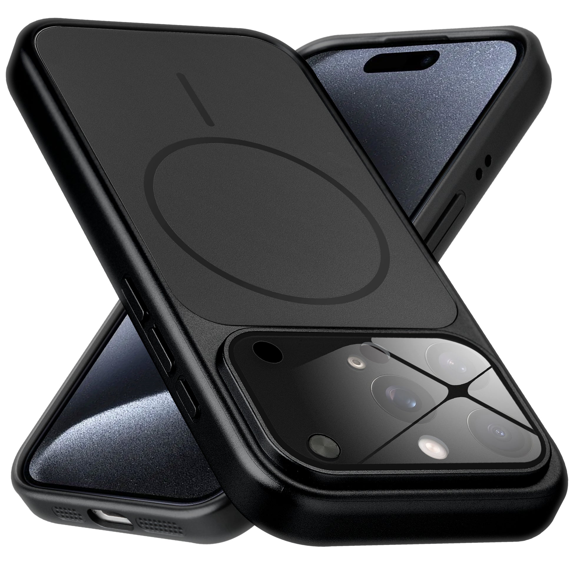 Premium black converter back cover for iPhone 15 Pro Max showing the back with magnetic ring, full camera protection, and an iPhone 17–style design.