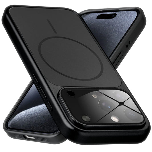 Premium black converter back cover for iPhone 15 Pro Max showing the back with magnetic ring, full camera protection, and an iPhone 17–style design.