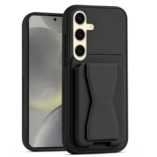 All in One Premium Leather Back Cover for Samsung S24 5G with Card Slot & Foldable Grip Holder