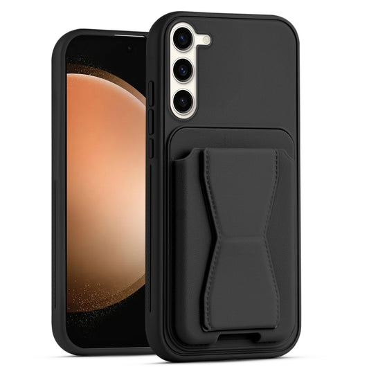 All in One Premium Leather Back Cover for Samsung S23 5G with Card Slot & Foldable Grip Holder