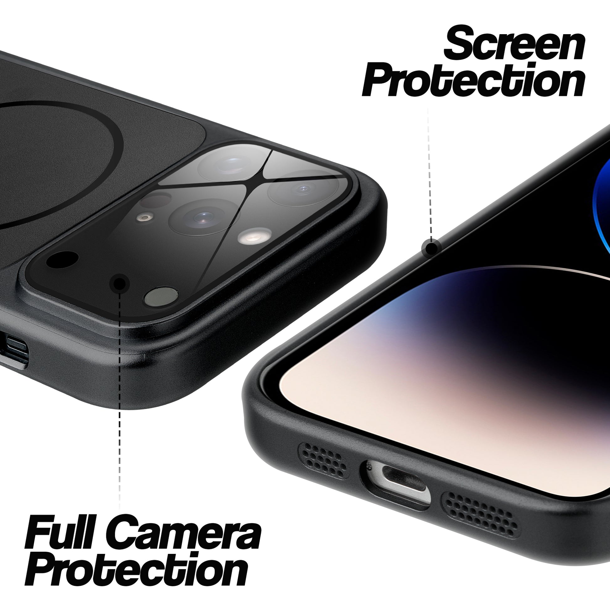 Black MagSafe back cover for iPhone 14 Pro Max showing raised edges for full camera protection and screen protection.