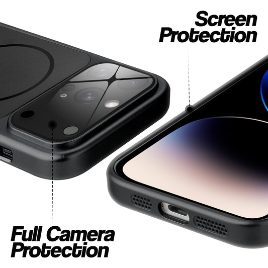 Black MagSafe back cover for iPhone 14 Pro showing raised edges for full camera protection and screen protection.