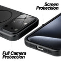 Black MagSafe back cover for iPhone 15 Pro Max showing raised edges for full camera protection and screen protection.