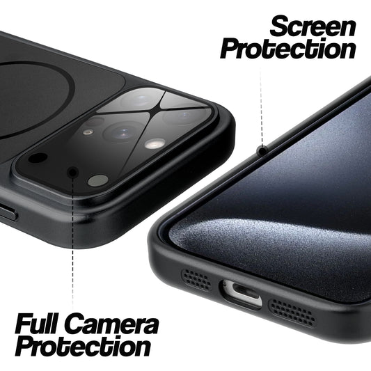 Black MagSafe back cover for iPhone 15 Pro Max showing raised edges for full camera protection and screen protection.