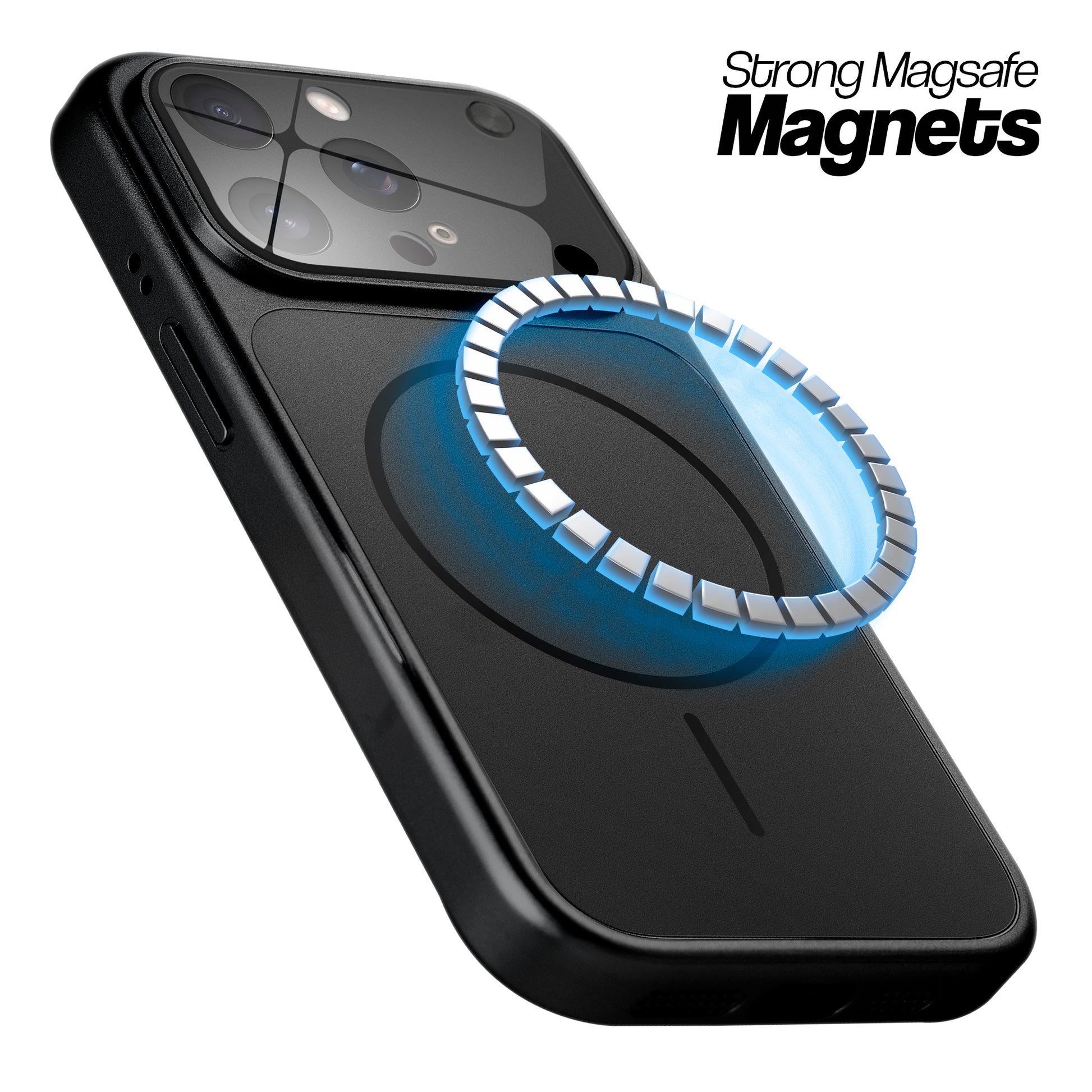 Black MagSafe compatible back cover for iPhone 14 Pro Max showing strong magnetic ring for secure MagSafe attachment.