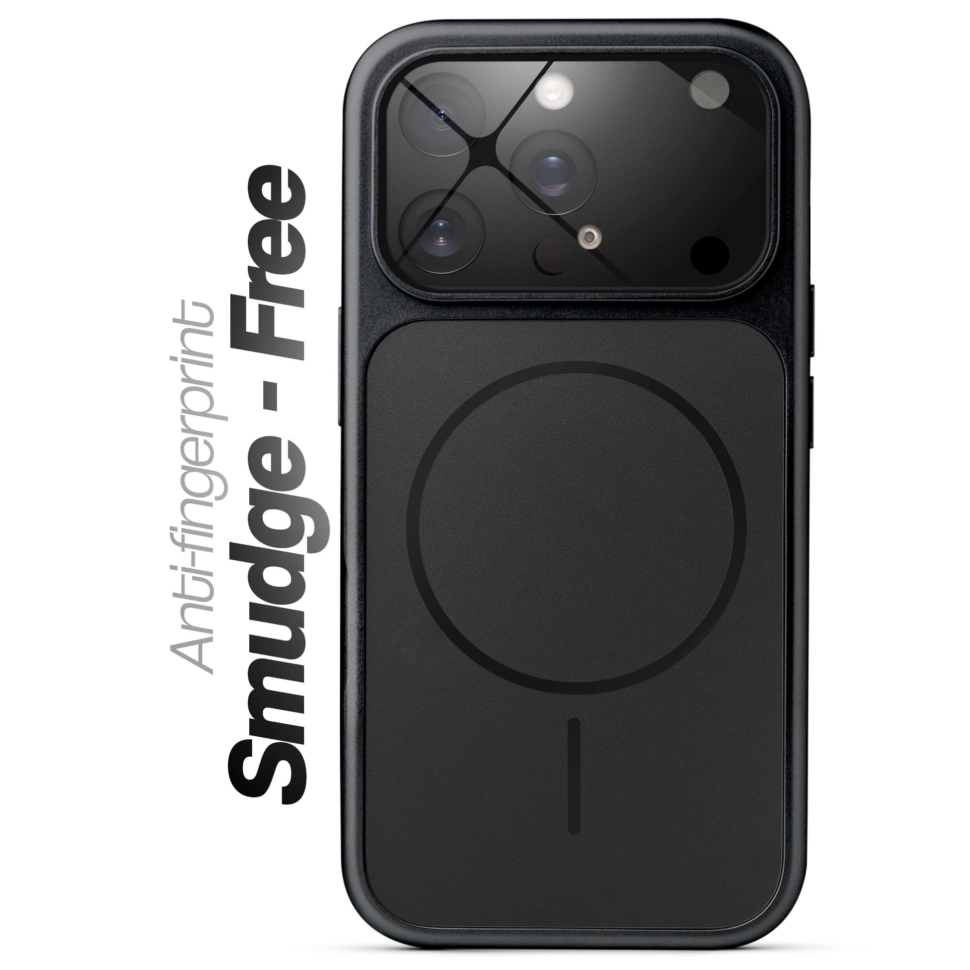 Anti-fingerprint smudge-free black MagSafe back cover for iPhone 14 Pro Max with matte finish.