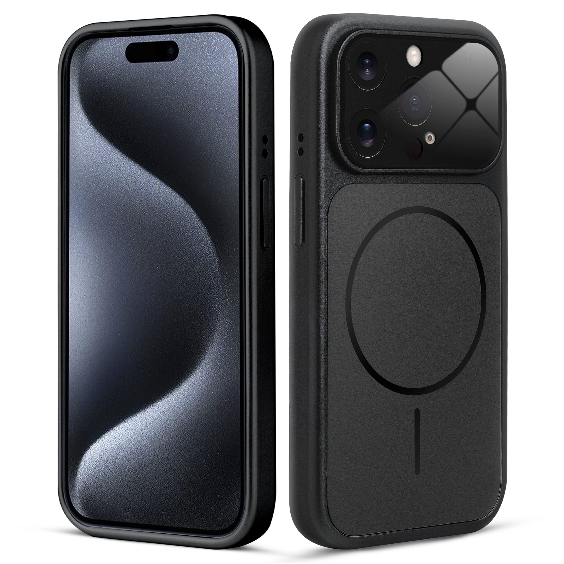 Front and back view of black MagSafe back cover fitted on iPhone 15 Pro Max showing slim profile and precise cutouts.