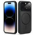Front and back view of black MagSafe back cover fitted on iPhone 14 Pro showing slim profile and precise cutouts.