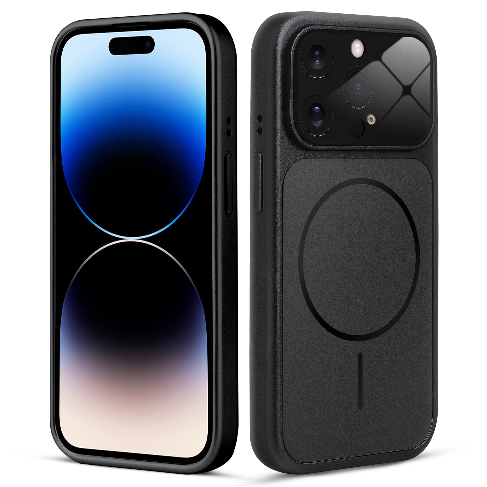 Front and back view of black MagSafe back cover fitted on iPhone 14 Pro Max showing slim profile and precise cutouts.