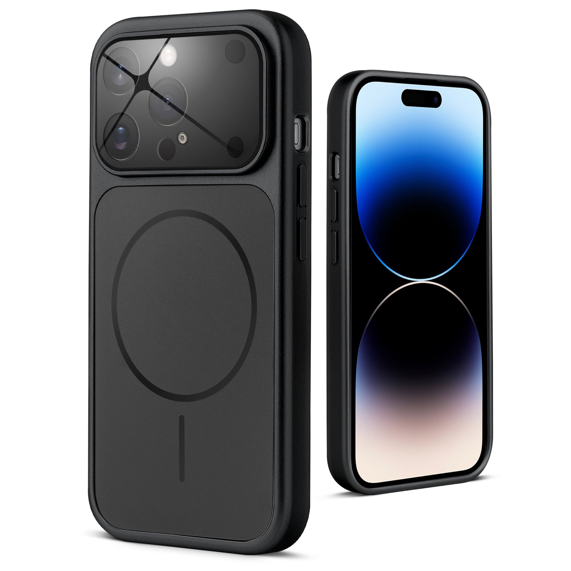 Back view of black MagSafe back cover for iPhone 14 Pro Max highlighting magnetic ring design and camera protection.