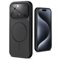 Back view of black MagSafe back cover for iPhone 15 Pro Max highlighting magnetic ring design and camera protection.