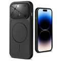 Back view of black MagSafe back cover for iPhone 14 Pro highlighting magnetic ring design and camera protection.
