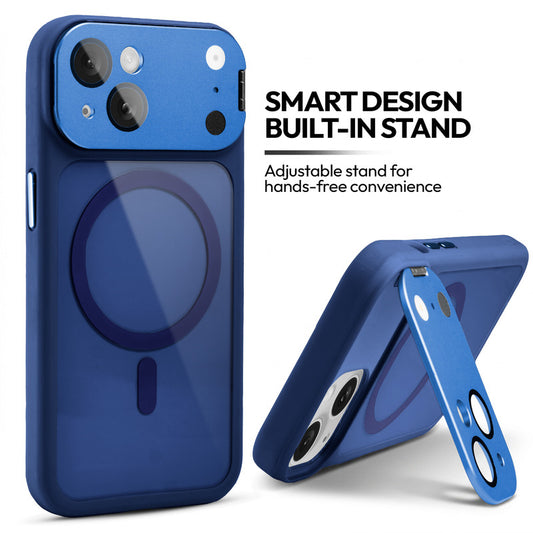 Apple iPhone 14 Case with MagSafe Compatibility, Flip-Open Camera Cover Stand, Glossy Glass Back & Metallic Buttons