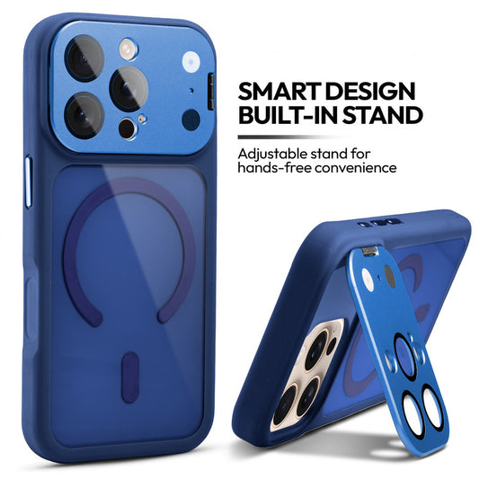 Apple iPhone 16 Pro Case with MagSafe Compatibility, Flip-Open Camera Cover Stand, Glossy Glass Back & Metallic Buttons