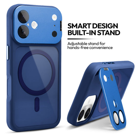 Apple iPhone 16 Case with MagSafe Compatibility, Flip-Open Camera Cover Stand, Glossy Glass Back & Metallic Buttons