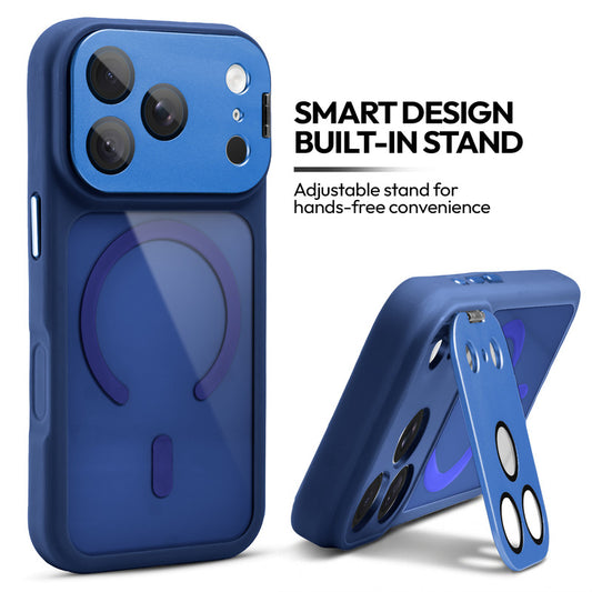 Apple iPhone 18 Pro Case with MagSafe Compatibility, Flip-Open Camera Cover Stand, Glossy Glass Back & Metallic Buttons