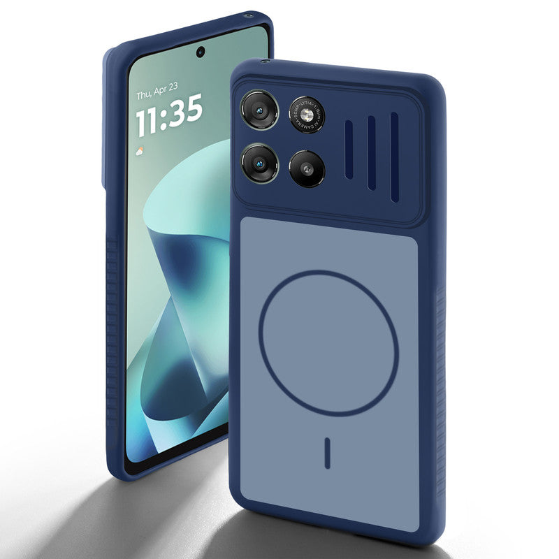 Blue back cover for Motorola G57 Power 5G with camera cut protection and ring design on back side.