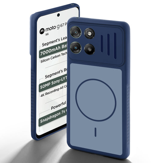 Blue back cover for Motorola G67 Power 5G with camera cut protection and ring design on back side.