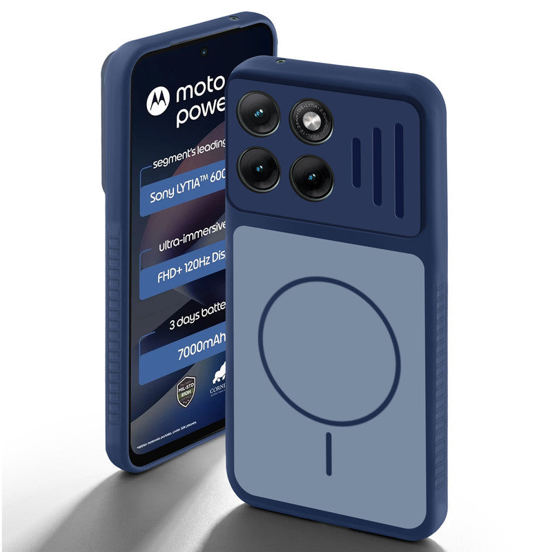 Blue back cover for Motorola G77 Power 5G with camera cut protection and ring design on back side.