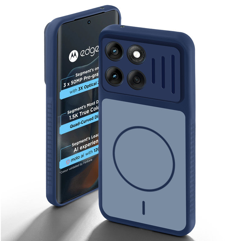 Blue back cover for Motorola Moto Edge 60 5G with camera cut protection and ring design on back side.