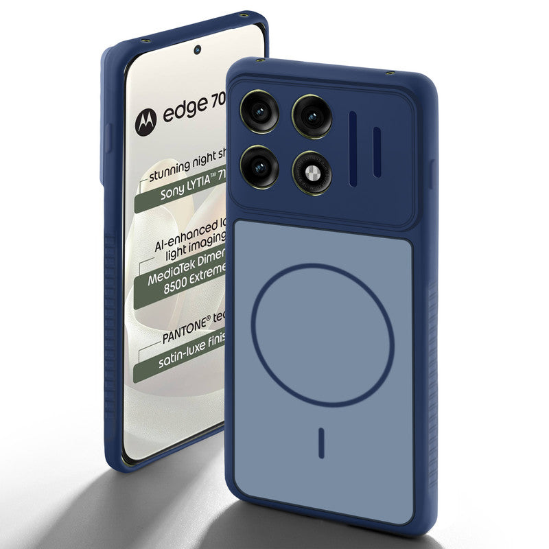Blue back cover for Motorola Moto Edge 70 Pro 5G with camera cut protection and ring design on back side.