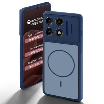Blue back cover for Motorola Moto Edge 70 Pro Plus 5G with camera cut protection and ring design on back side.