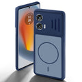 Blue back cover for Motorola Moto G85 5G with camera cut protection and ring design on back side.