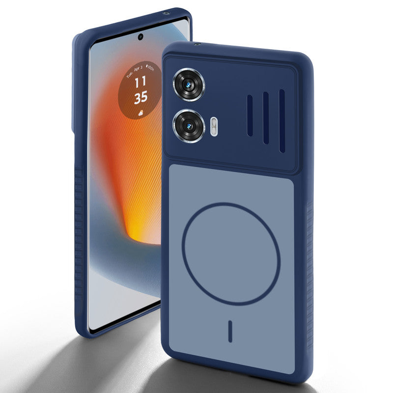 Blue back cover for Motorola Moto G85 5G with camera cut protection and ring design on back side.