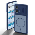 Blue back cover for Motorola Moto G96 5G with camera cut protection and ring design on back side.