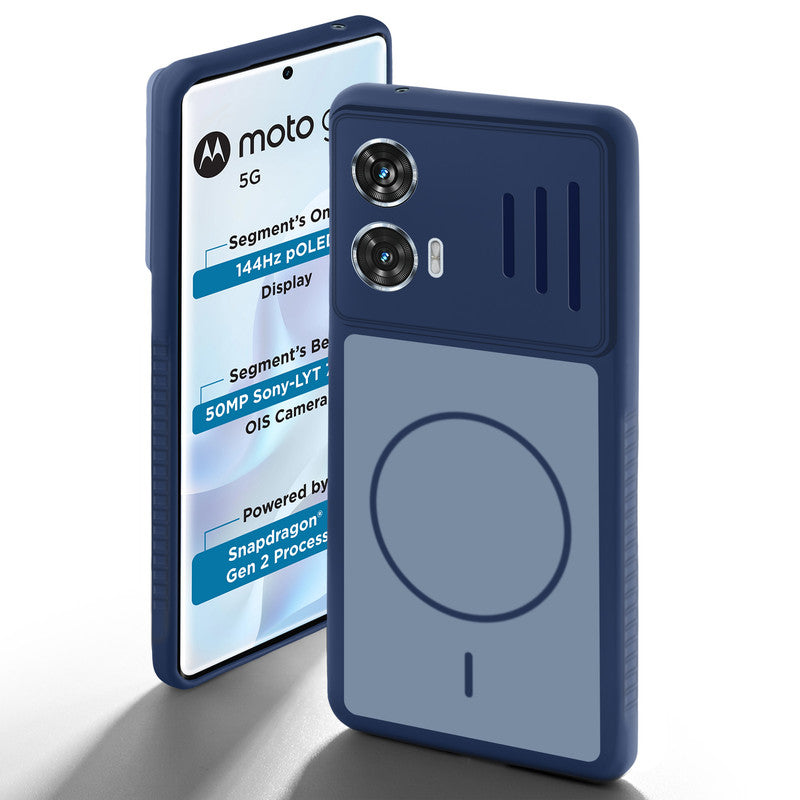 Blue back cover for Motorola Moto G96 5G with camera cut protection and ring design on back side.