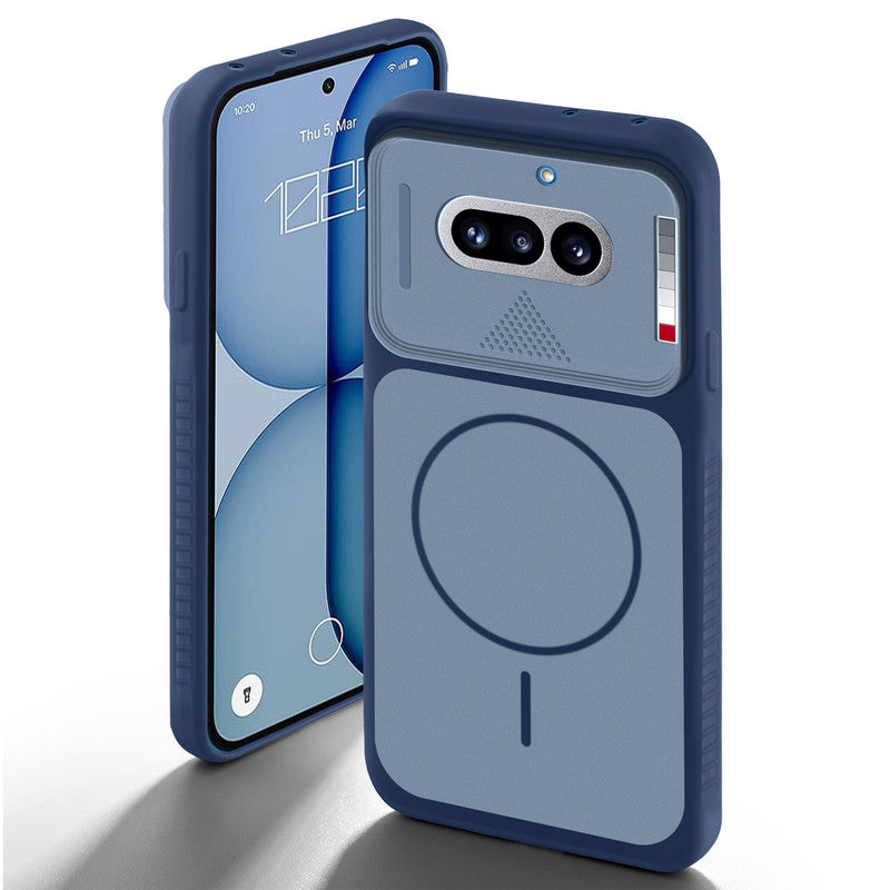 Blue back cover for Nothing Phone 4A 5G with camera cut protection and ring design on back side.