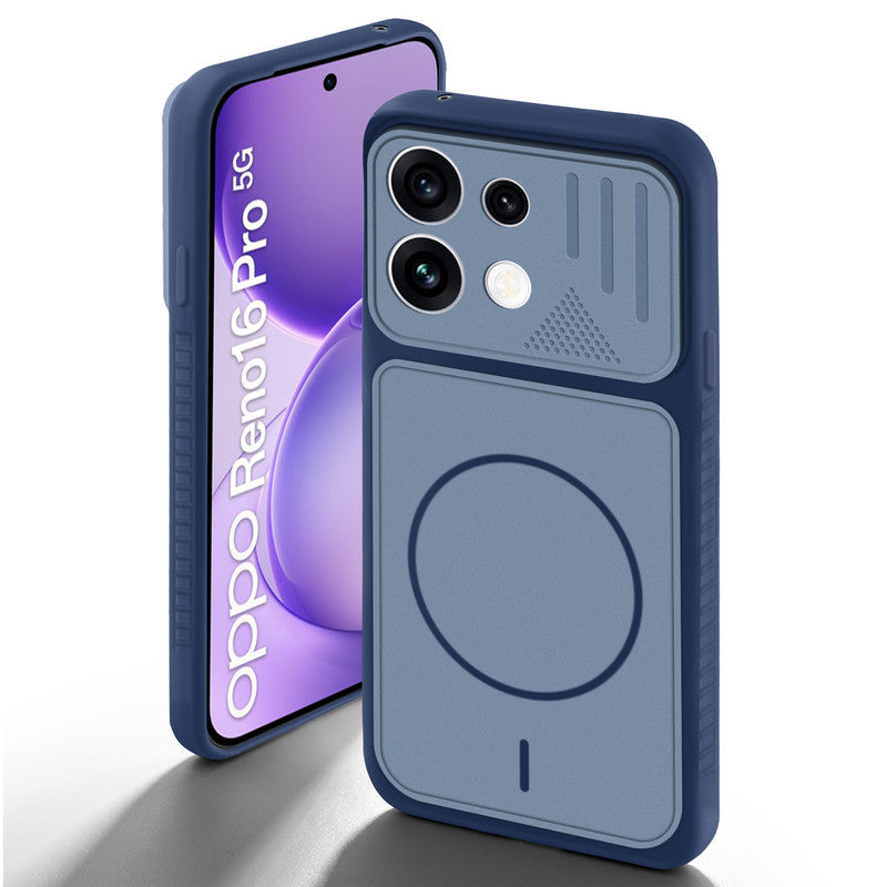 Blue back cover for Oppo Reno 16 Pro 5G with camera cut protection and ring design on back side.