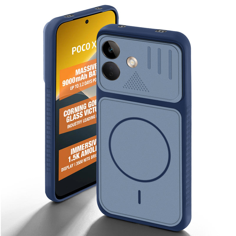 Blue back cover for POCO X8 5G with camera cut protection and ring design on back side.