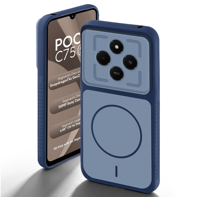 Blue back cover for Poco C75 5G with camera cut protection and ring design on back side.