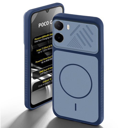 Blue back cover for Poco C81 4G with camera cut protection and ring design on back side.