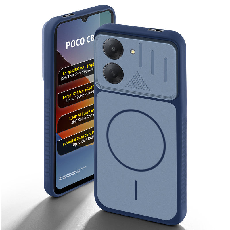 Blue back cover for Poco C81x 4G with camera cut protection and ring design on back side.