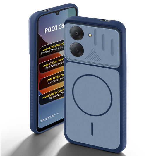 Blue back cover for Poco C81x 4G with camera cut protection and ring design on back side.