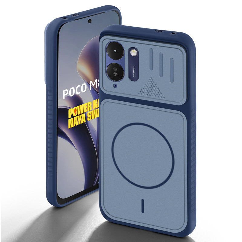 Blue back cover for Poco M8x 5G with camera cut protection and ring design on back side.