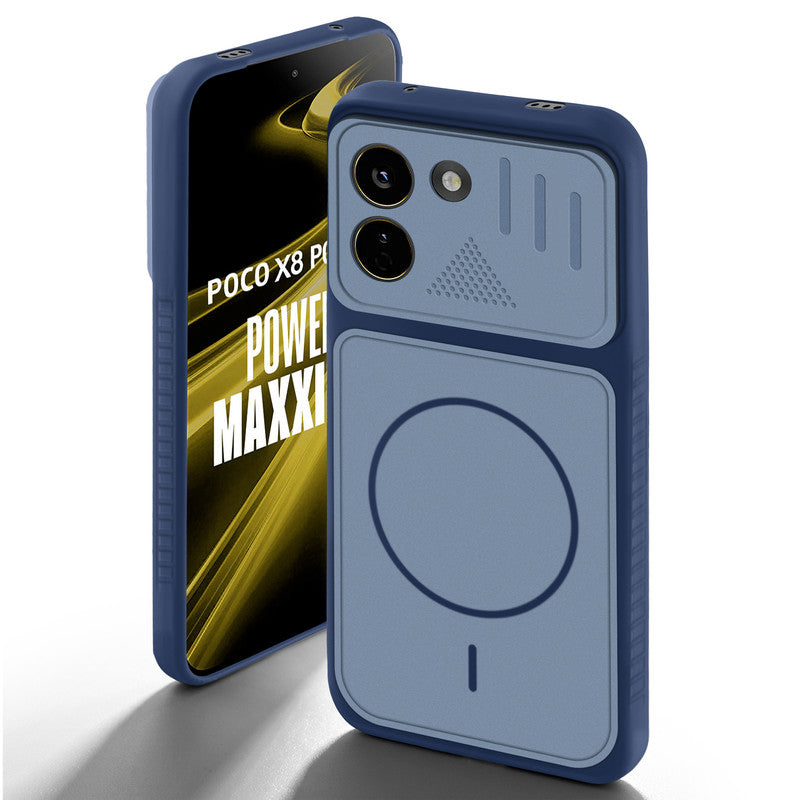 Blue back cover for Poco X8 Power 5G with camera cut protection and ring design on back side.
