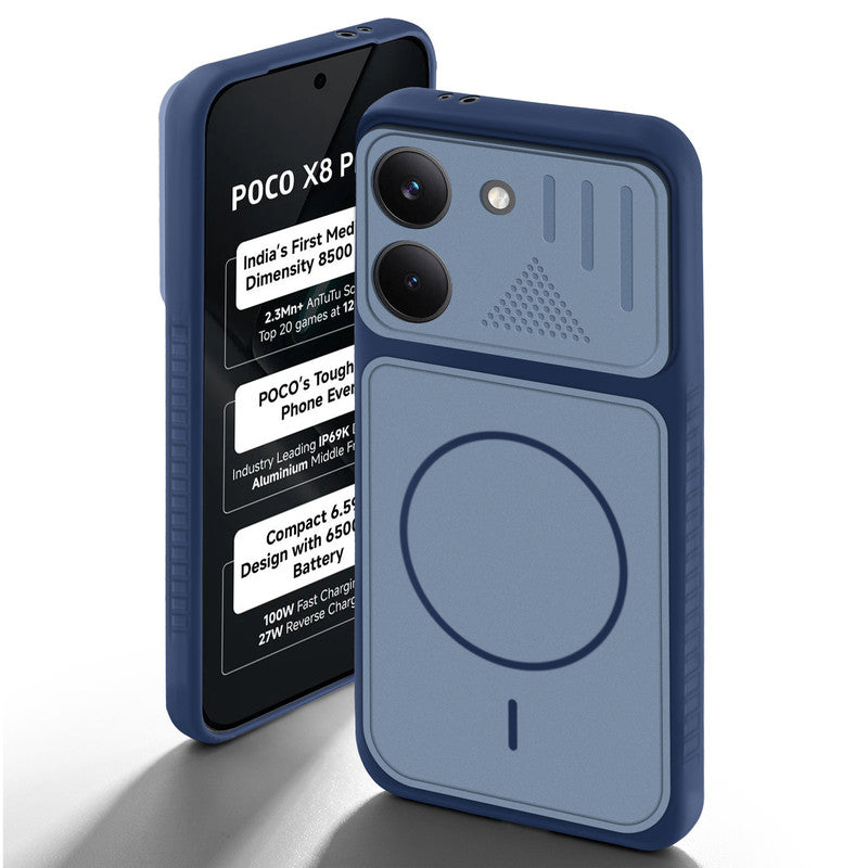 Blue back cover for Poco X8 Pro 5G with camera cut protection and ring design on back side.